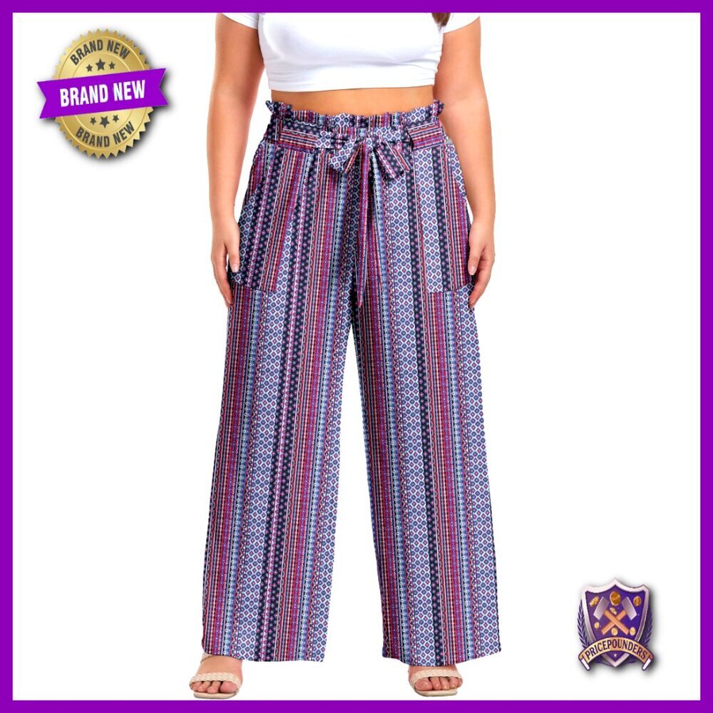 Plus Size High Waist Wide Leg Palazzo Pants with Pockets Adjustable Trousers